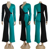 Solid Color Fashion V Neck Splicing Jumpsuit with Belt