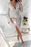Sparkling Sequin Slit Long Sleeve Bodycon Dress