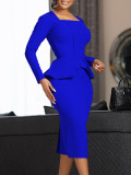 Elegant Ruffle Hem Long Sleeve OL Dress
