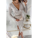 Sparkling Sequin Slit Long Sleeve Bodycon Dress