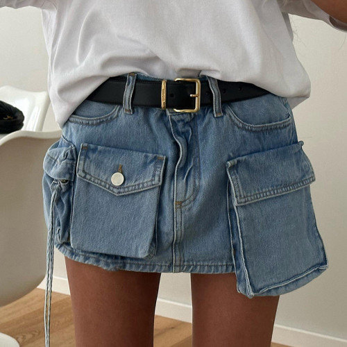 2024 Summer Pockets Jeans Skirts Y2K Streetwear High Waist Short Denim Skirts