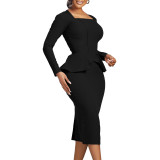 Elegant Ruffle Hem Long Sleeve OL Dress