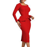 Elegant Ruffle Hem Long Sleeve OL Dress