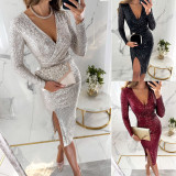 Sparkling Sequin Slit Long Sleeve Bodycon Dress