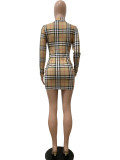 Casual Plaid Print Patchwork Zipper Collar Long Sleeve Dresses