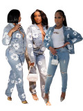 Casual Printed Denim Single-breasted Lapel Jackets