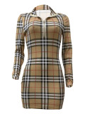 Casual Plaid Print Patchwork Zipper Collar Long Sleeve Dresses