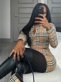 Casual Plaid Print Patchwork Zipper Collar Long Sleeve Dresses