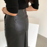 European-style Split Hem Leather Skirt for Women