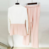 Chic Single Button jacket Color-Block and Long Pants Suit Set