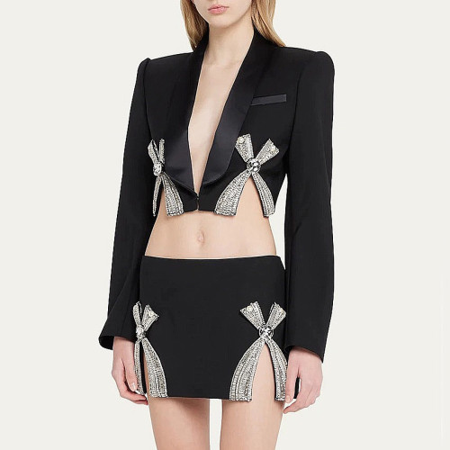Diamond Bow Embellishment Suit Short Buttocks Wrapped Skirt Women's Two-piece Set