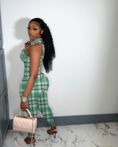 Casual Plaid Sportswear Print Vest Sleeveless Jumpsuit