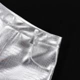 High Waist Silver Fashionable Scale Pattern PU Leather Pants for Women