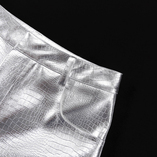 High Waist Silver Fashionable Scale Pattern PU Leather Pants for Women