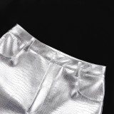 High Waist Silver Fashionable Scale Pattern PU Leather Pants for Women