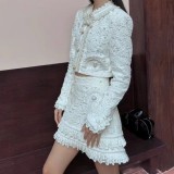 Pearl Beaded Lace Embroidered White Short Jacket and Skirt Set