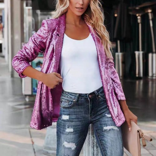 Sparkling Sequin Casual Blazer with Turn-down Collar