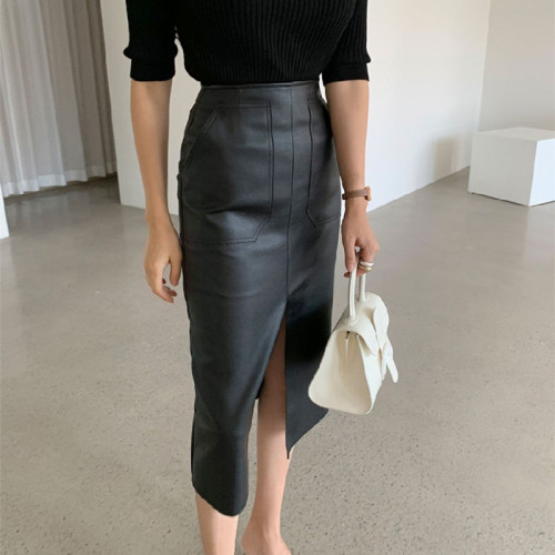 European-style Split Hem Leather Skirt for Women
