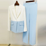 Chic Single Button jacket Color-Block and Long Pants Suit Set