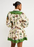 Lantern Long Sleeve Turn-down Collar A-Line Ruffle Waist Slimming Floral Print Dress