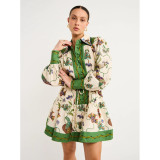 Lantern Long Sleeve Turn-down Collar A-Line Ruffle Waist Slimming Floral Print Dress