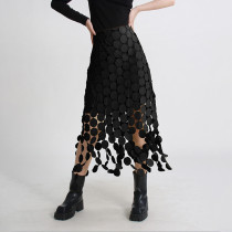 Sweet macaron mid-length skirt with embroidered fringe hem solid color women's skirt