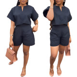 Summer Casual Solid Shirt Shorts Two Piece Set Women