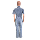 Solid Lapel Washed Denim Flared Pants Jumpsuit