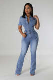 Solid Lapel Washed Denim Flared Pants Jumpsuit