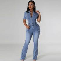 Solid Lapel Washed Denim Flared Pants Jumpsuit Solid Lapel Washed Denim Flared Pants Jumpsuit