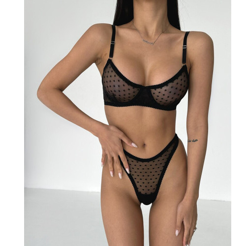 Seductive Polka Dot Half Cup Thong Erotic Lingerie Set