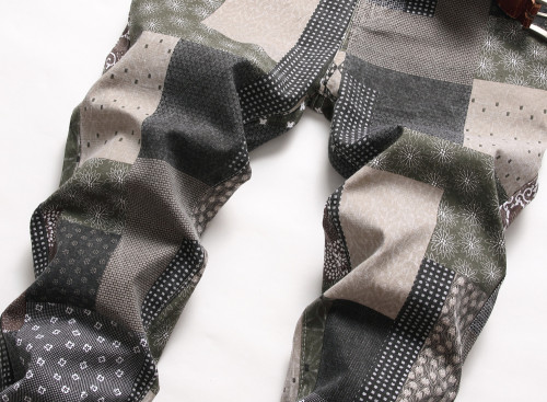 Green Plaid Pattern Slim Fit Elastic Printed Jeans for Men