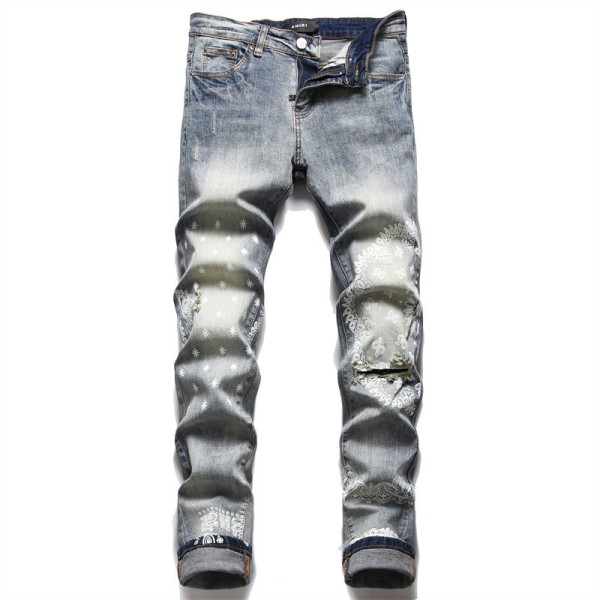Distressed Details Trendy Printed Elastic Slim Fit Jeans for Men