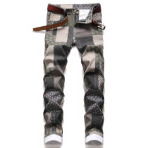Green Plaid Pattern Slim Fit Elastic Printed Jeans for Men