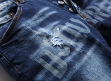 Laser-Cut 3D Cat Whisker Blue Cotton Slim Fit Jeans for Men