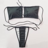 Solid Color Straps Pleated Split Swimsuit Bikini