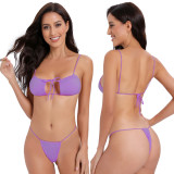 Solid Color Straps Pleated Split Swimsuit Bikini