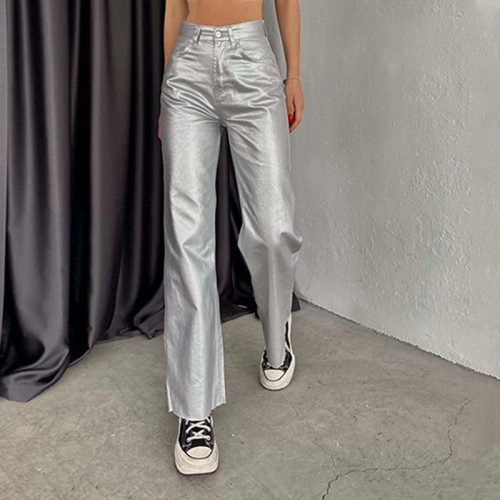 Loose Wide Leg Retro Straight Gold and Silver Color Pants for Women
