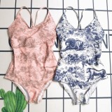 Women's Sleeveless One Piece Straps Backless Printed Swimsuit