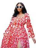 Spring Elegant Slit U Neck Printed Off Shoulder Long Dresses
