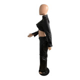 Solid Color PU Leather Zipper High Neck Tops Flap Pocket Straight Leg Pants