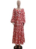 Spring Elegant Slit U Neck Printed Off Shoulder Long Dresses
