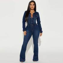 Slim Stretch Flared Washed Long Sleeve Denim Jumpsuit