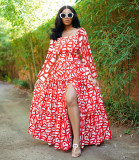 Spring Elegant Slit U Neck Printed Off Shoulder Long Dresses