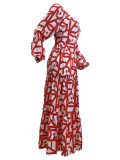 Spring Elegant Slit U Neck Printed Off Shoulder Long Dresses