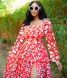 Spring Elegant Slit U Neck Printed Off Shoulder Long Dresses