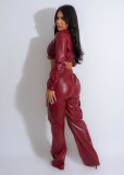 Solid Color PU Leather Zipper High Neck Tops Flap Pocket Straight Leg Pants