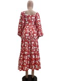 Spring Elegant Slit U Neck Printed Off Shoulder Long Dresses