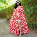 Spring Elegant Slit U Neck Printed Off Shoulder Long Dresses