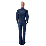 Slim Stretch Flared Washed Long Sleeve Denim Jumpsuit